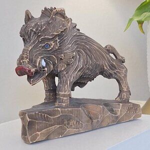 Vintage Hand Carved Wooden Wild Boar Statue carving statue wood pig